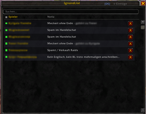 Thumbnail The IgnoreList overview displays all ignored players at a glance. Each entry shows the player name alongside the stored note. The green status indicator confirms the player is actively blocked on this character.