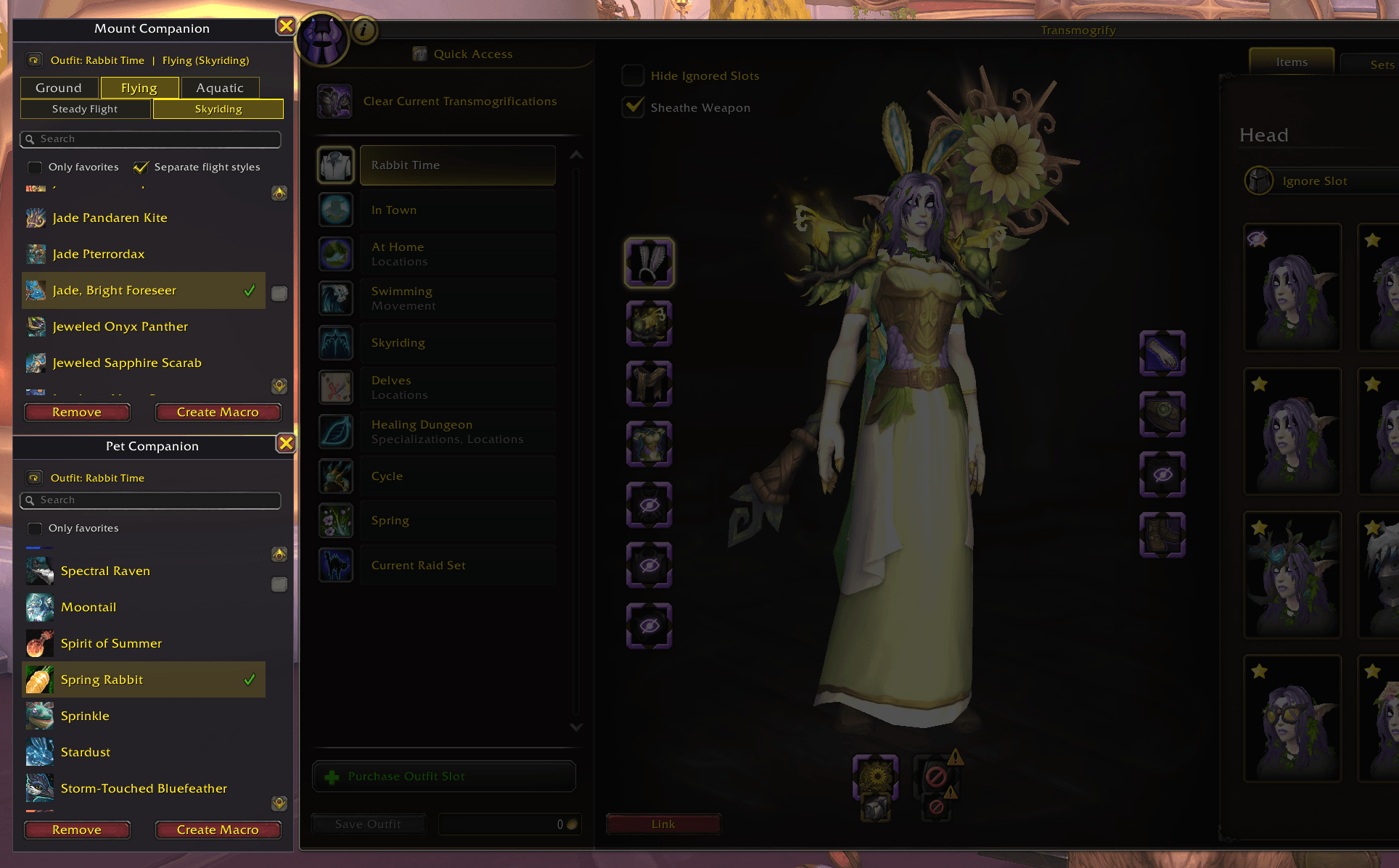 Selection panels will appear to the left of the Transmog window