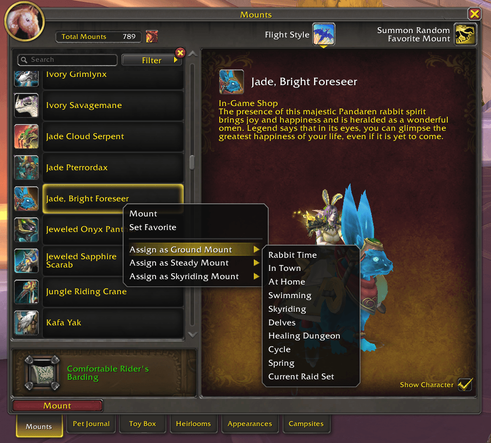 Thumbnail You can also assign mounts to Outfits from the in-game Mounts tab by right-clicking your chosen mount