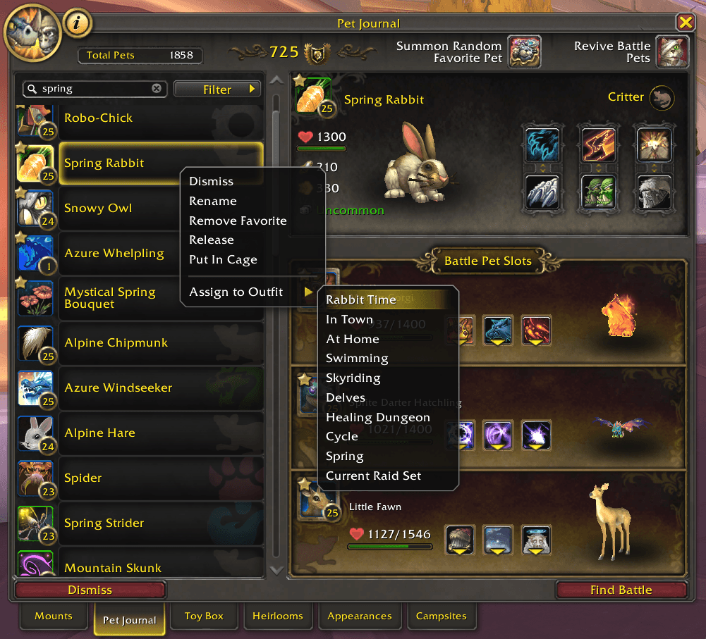 Thumbnail You can also assign pets to Outfits from the in-game Pet Journal tab by right-clicking your chosen pet