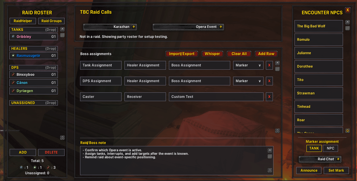 Main TBC Raid Calls interface with raid roster, boss assignment rows, custom callouts, encounter NPC targets, raid notes, marker controls, and announcement buttons.