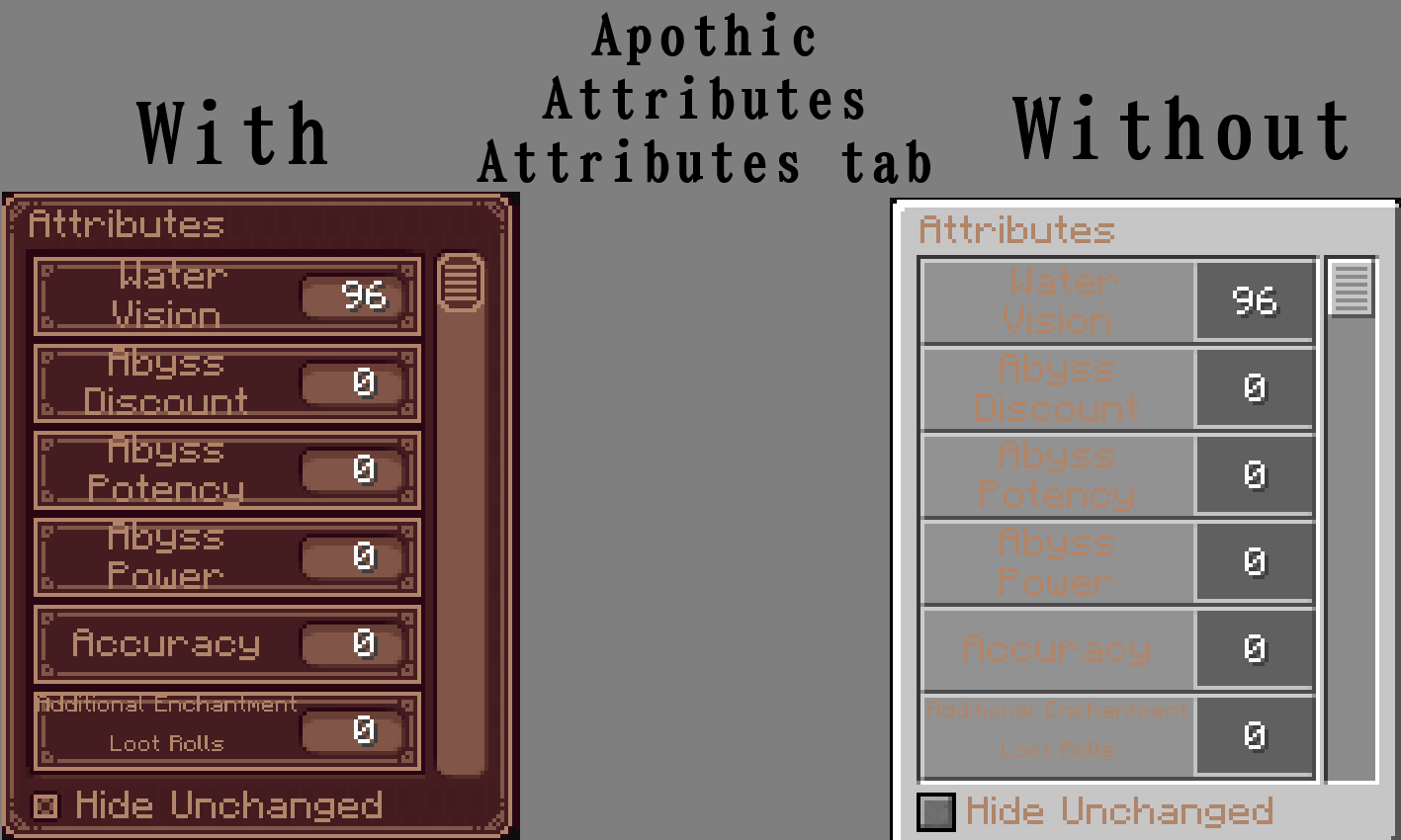 Comparison between my texture pack and no texture pack in Apothic Attributes' Attributes tab *Screenshots taken in Linggango V6.5*