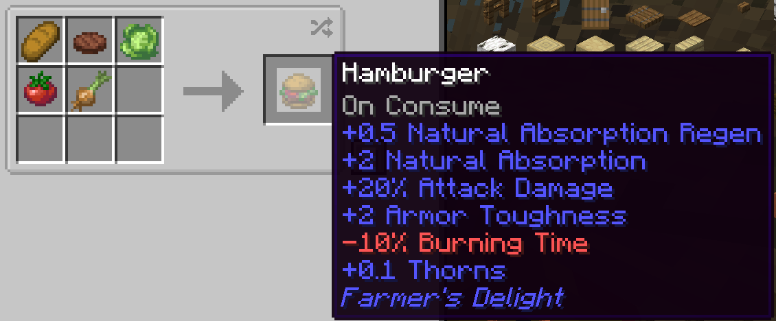 Thumbnail Different ingredients result in different attributes for the Hamburguer(this also works with different recipe types like cooking)