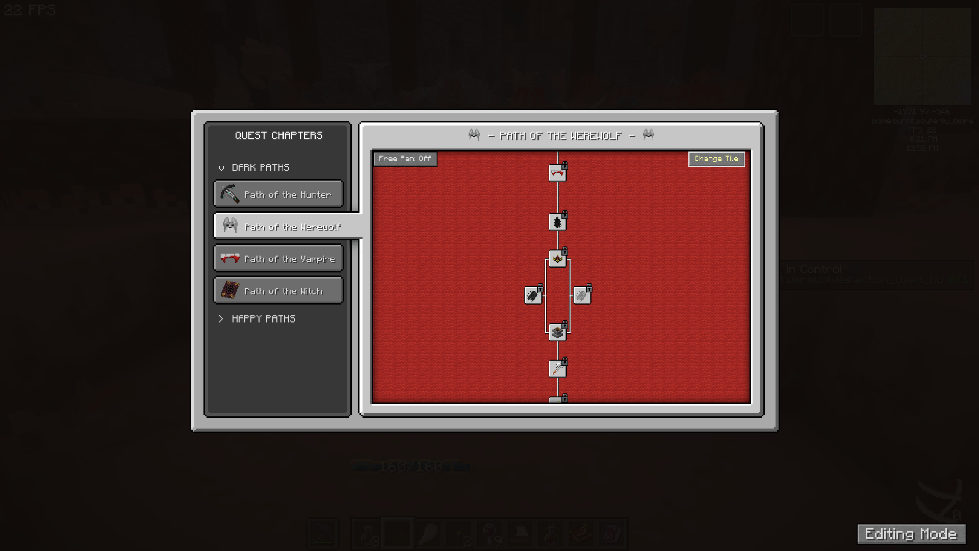 Thumbnail When in Creative mode - Customisation buttons appear. Click 'Change Tile' to change quest tree background. Or toggle the panning mode.
