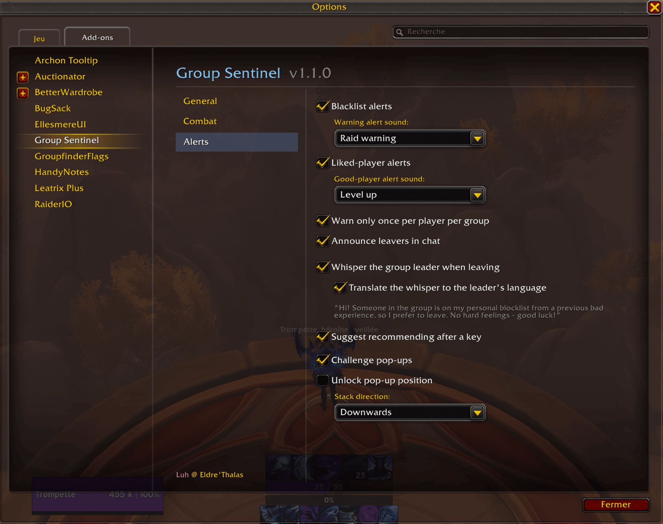Thumbnail Toggle liked-player alerts and blacklist alerts independently, warn only once per player per group, announce Mythic+ leavers, and whisper (optionally translated) the group leader when you leave.