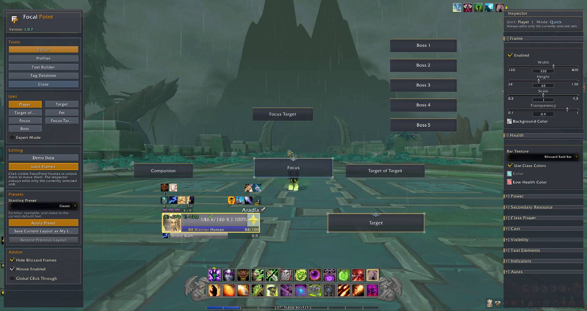 Move and adjust unit frames directly in-game with the visual editor, sidebar, and inspector tools.