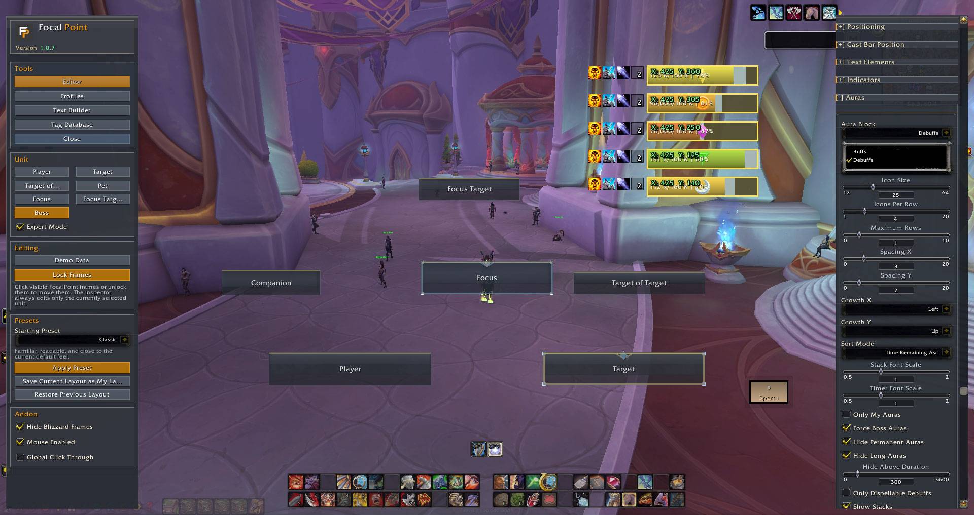 A wider editor view showing unlocked frames, boss demo frames, aura settings, and the inspector working together.