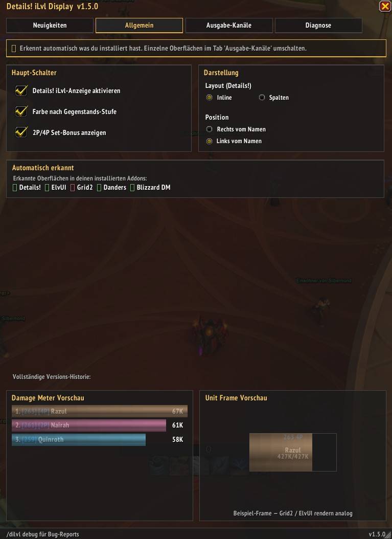 Master toggles, Inline/Columns layout, iLvl position, and live auto-detection of your installed addons — with a live preview below.