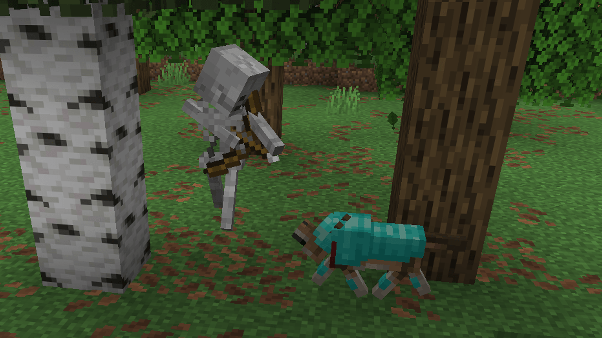 A wolf wearing diamond armor taking down a skeleton in the forest.