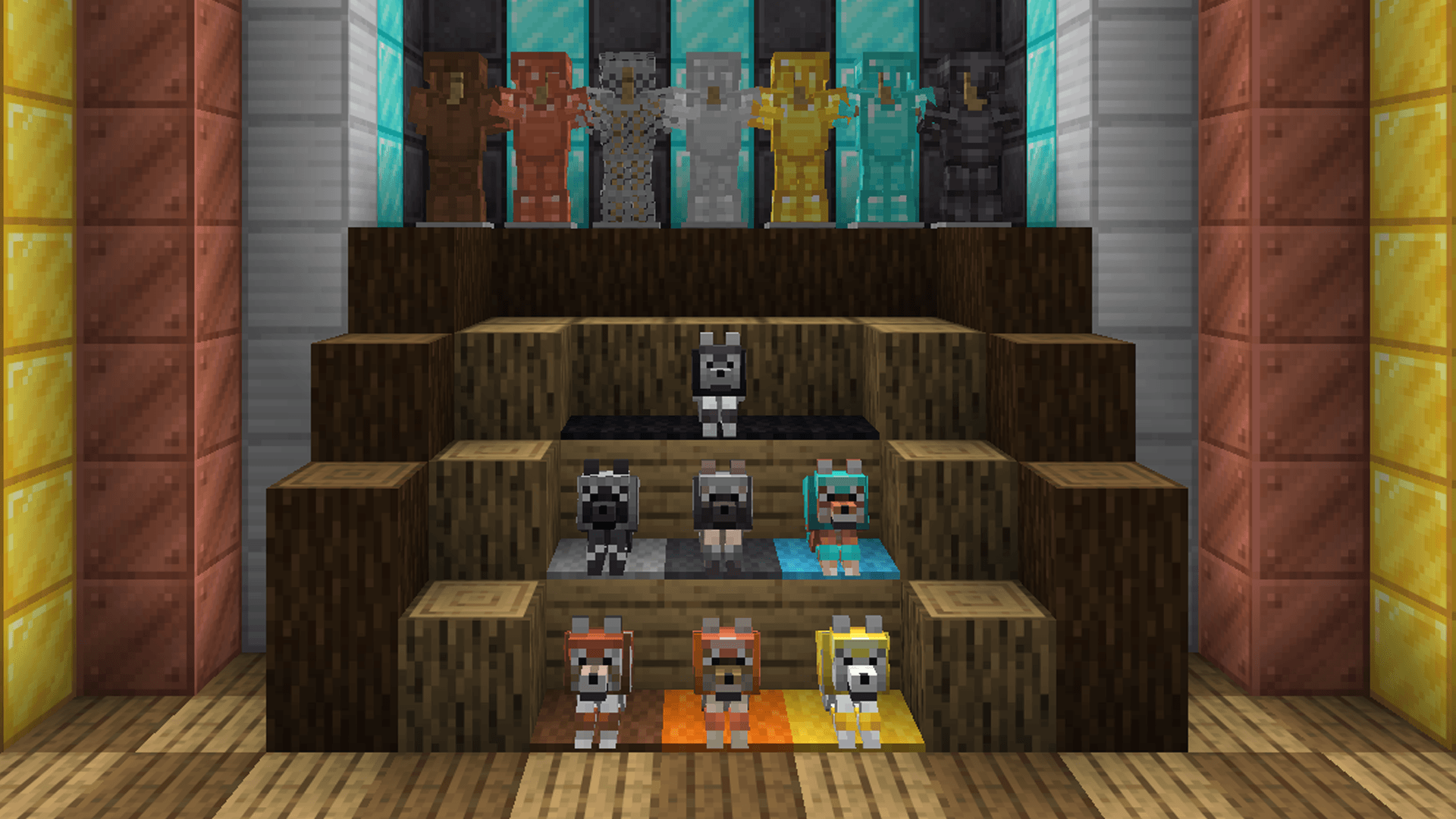 Wolves wearing different tiers of wolf armor.