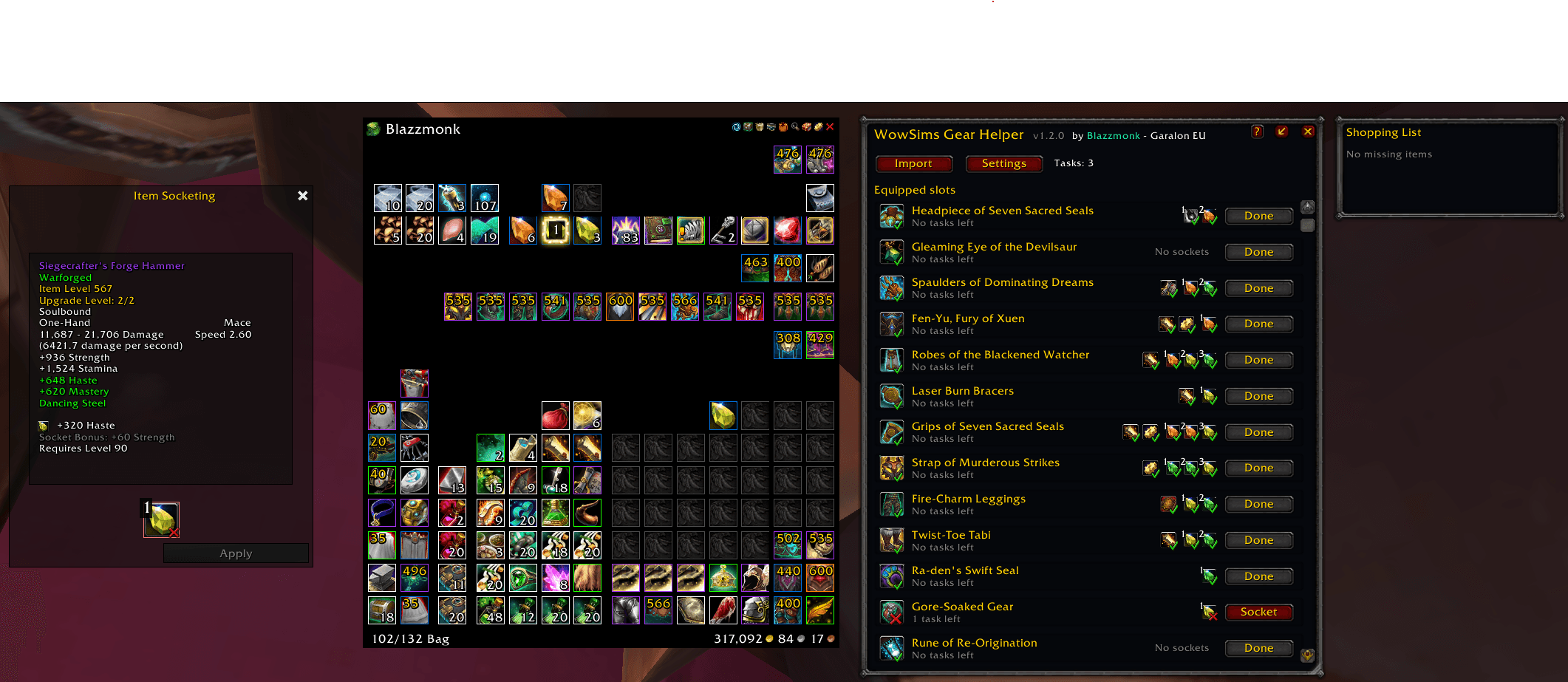 Thumbnail Guided item socketing with the target gem(s) / enchant highlighted in the bag.