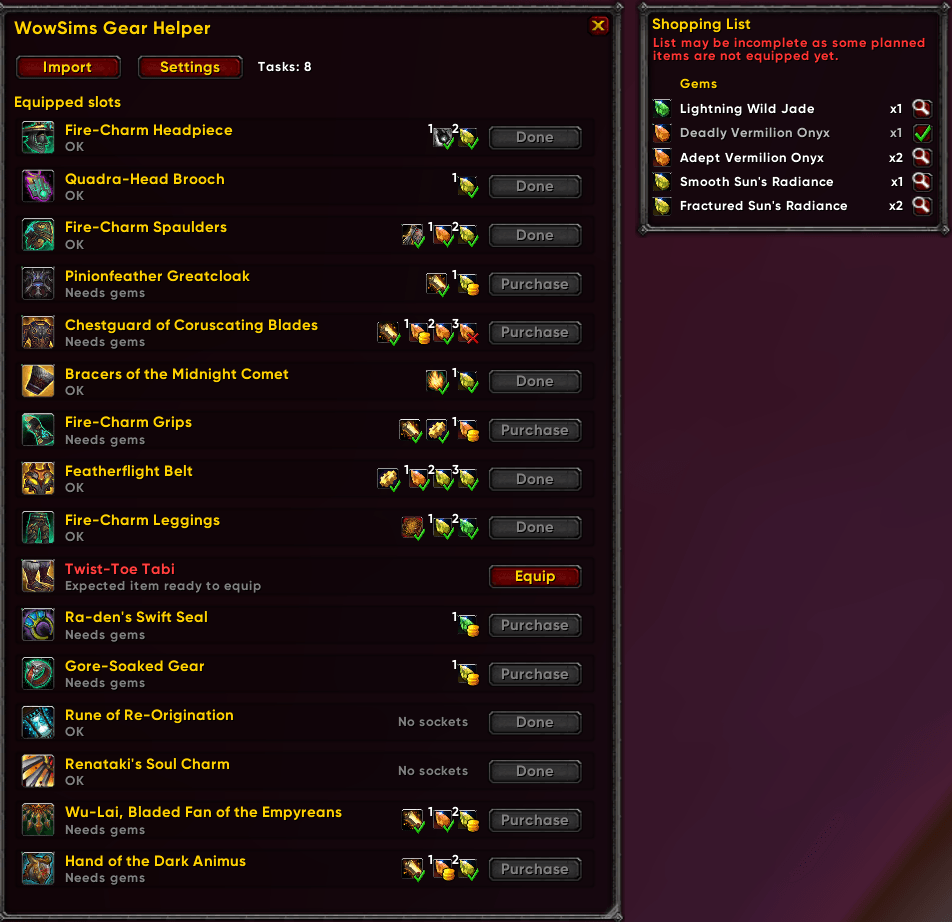 Thumbnail Gear plan with missing items, gems, and shopping list warnings.
