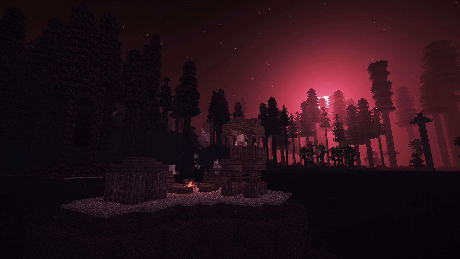 Thumbnail An Illager Outpost sits in the middle of a lake at night, with the moon peering over the forest's trees.