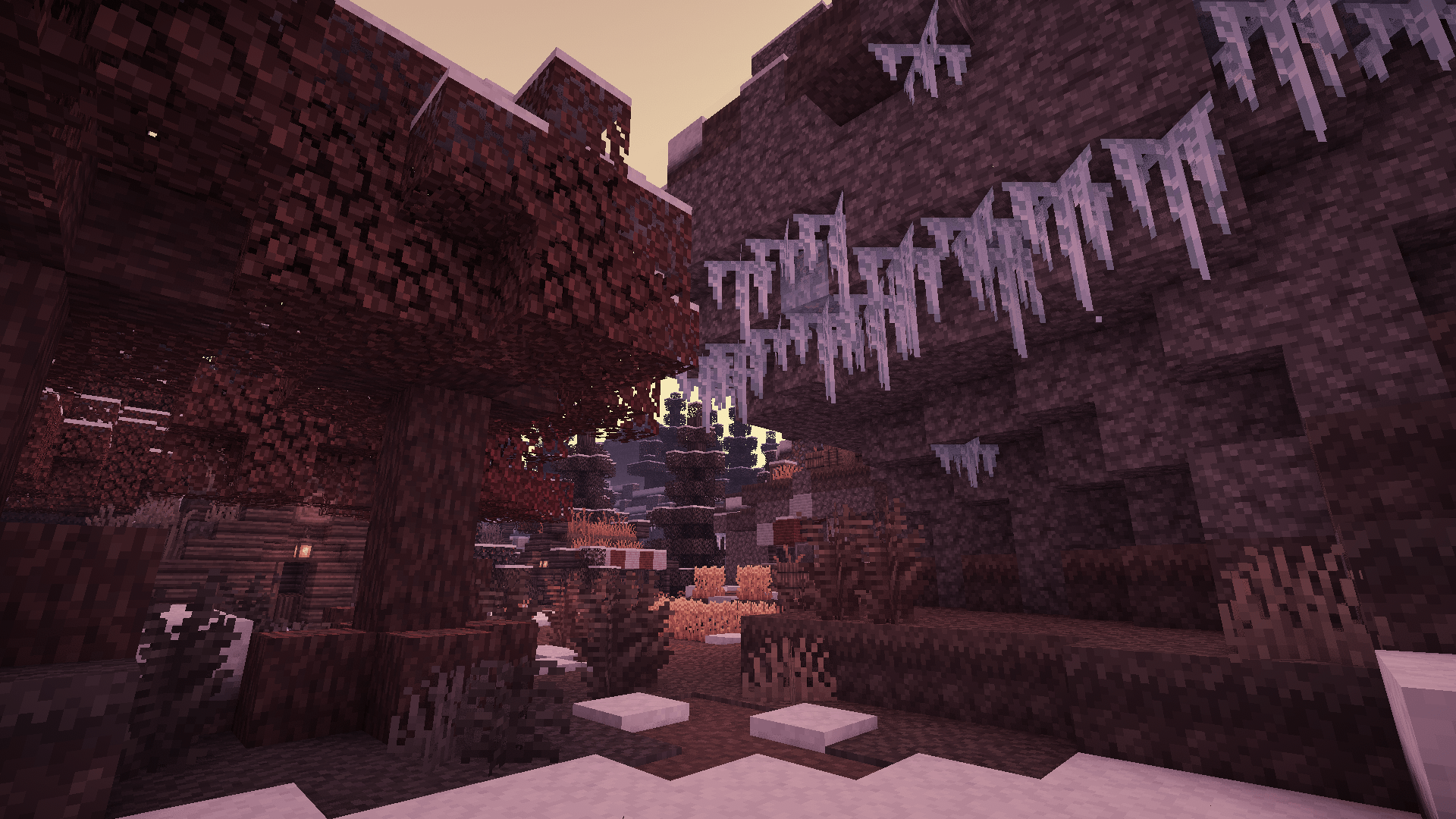 Thumbnail Icicles hang on an underpass besides a fall tree next to a vibrant Taiga village.