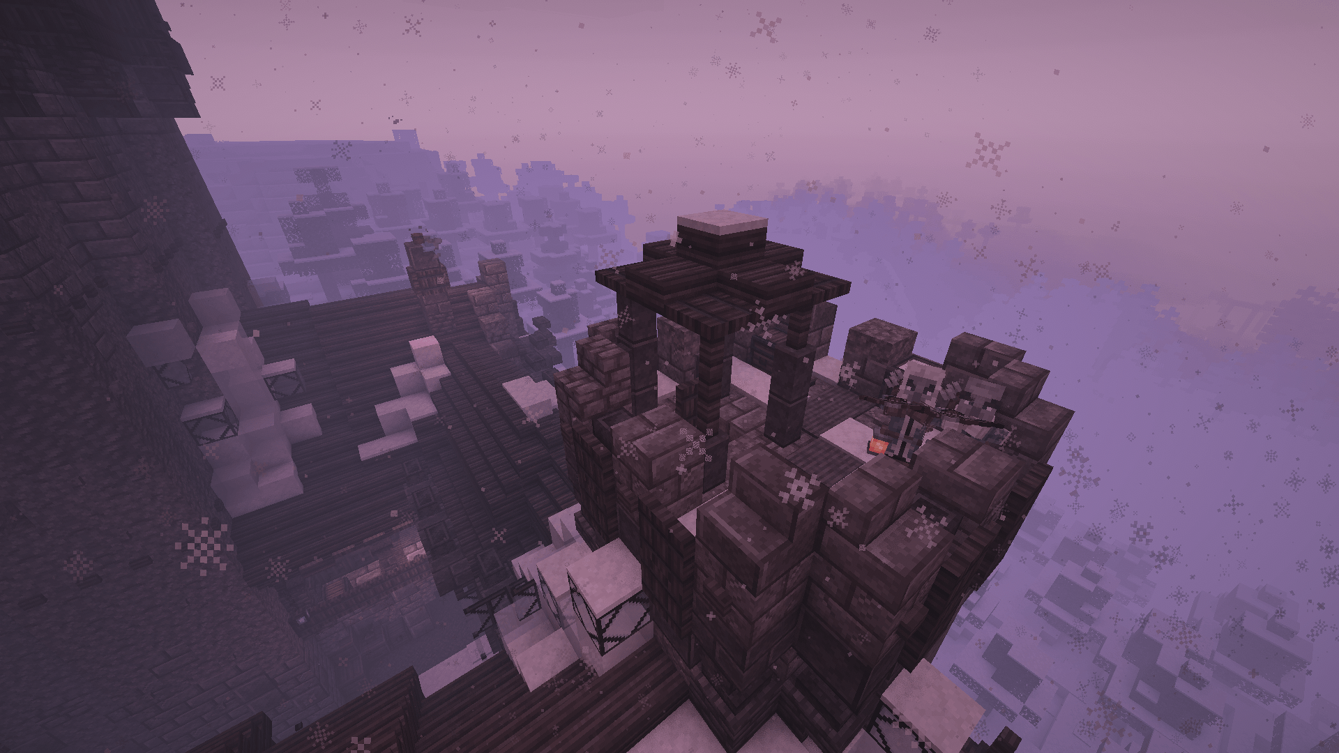 Thumbnail Two Illagers huddle nearby one another on an outpost tower of a larger fortress amidst a peaceful snowfall.