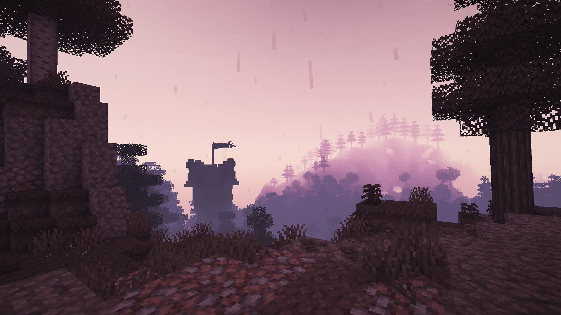 Thumbnail Light rainfall patters across a hilly forest with the silhouette of a lone tower in the nearby distance.