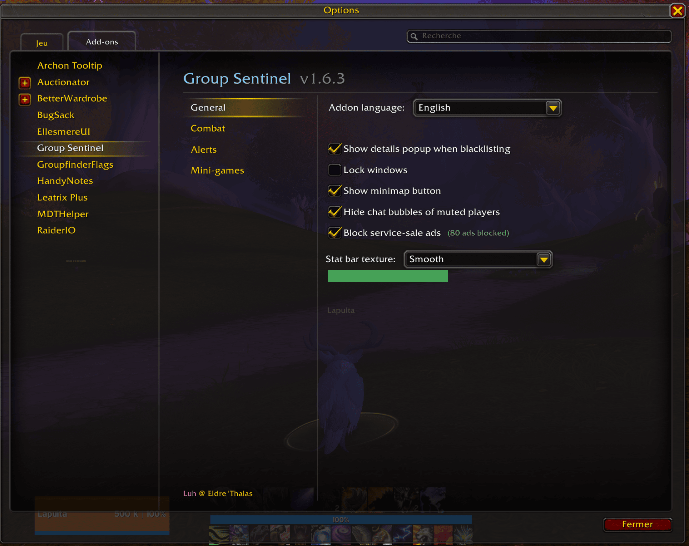 Thumbnail Core options: show the details window when adding, minimap button, lock windows, language, and hide chat bubbles for muted players.