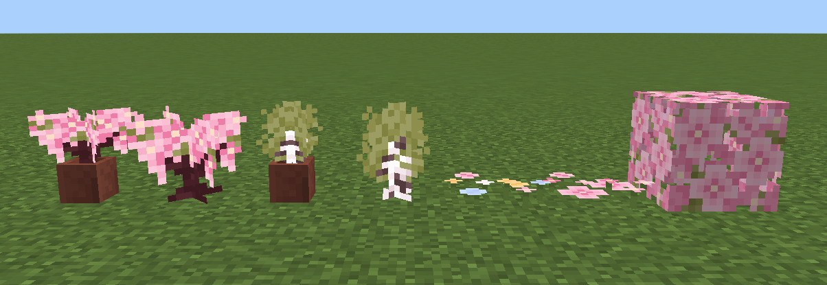 including cherry sapling, birch sapling, wildflowers, petals, cherry leaves, and cherry particles (not pictured)