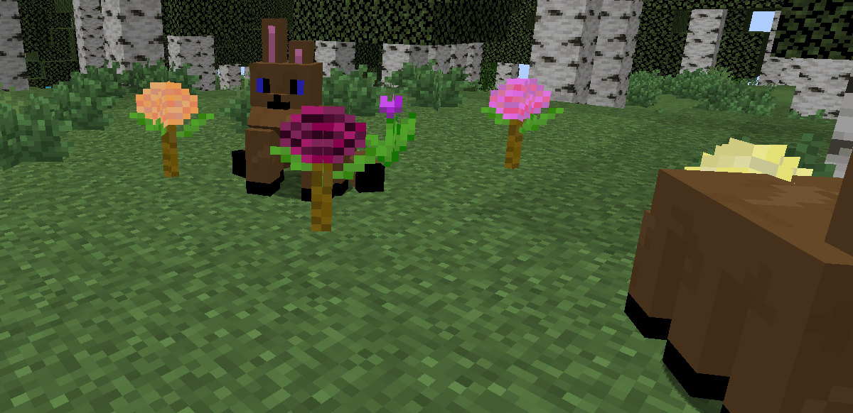 Thumbnail Hoppies frolicking around in an Old Growth Birch Forest, alongside 4 Dahila variants and a Purple Tulip.