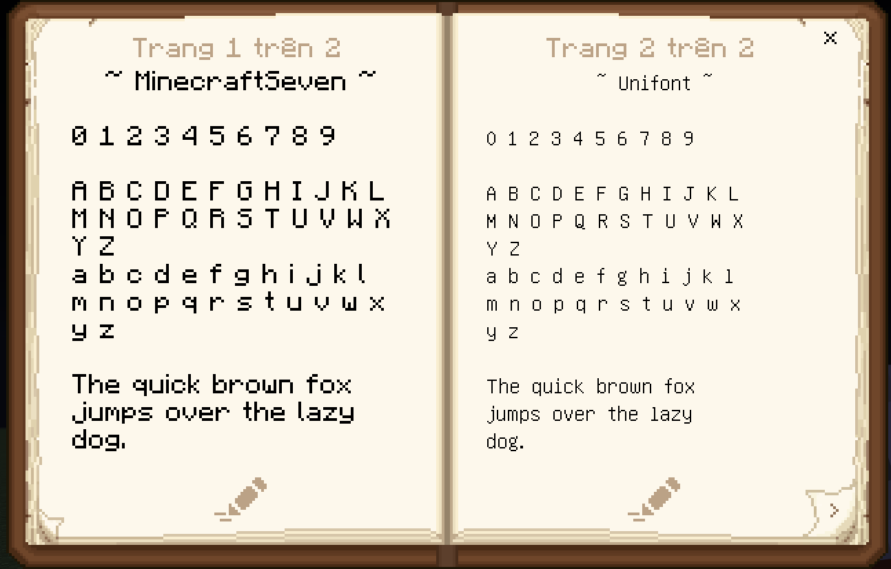 Thumbnail Fonts Comparison - MinecraftSeven (left page) and Unifont (right page)