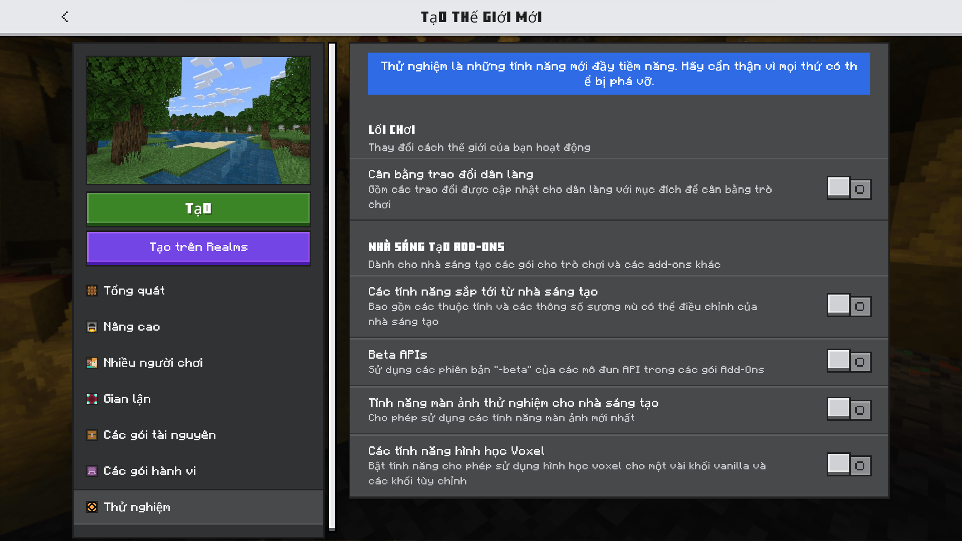 Thumbnail World Settings/Experiments