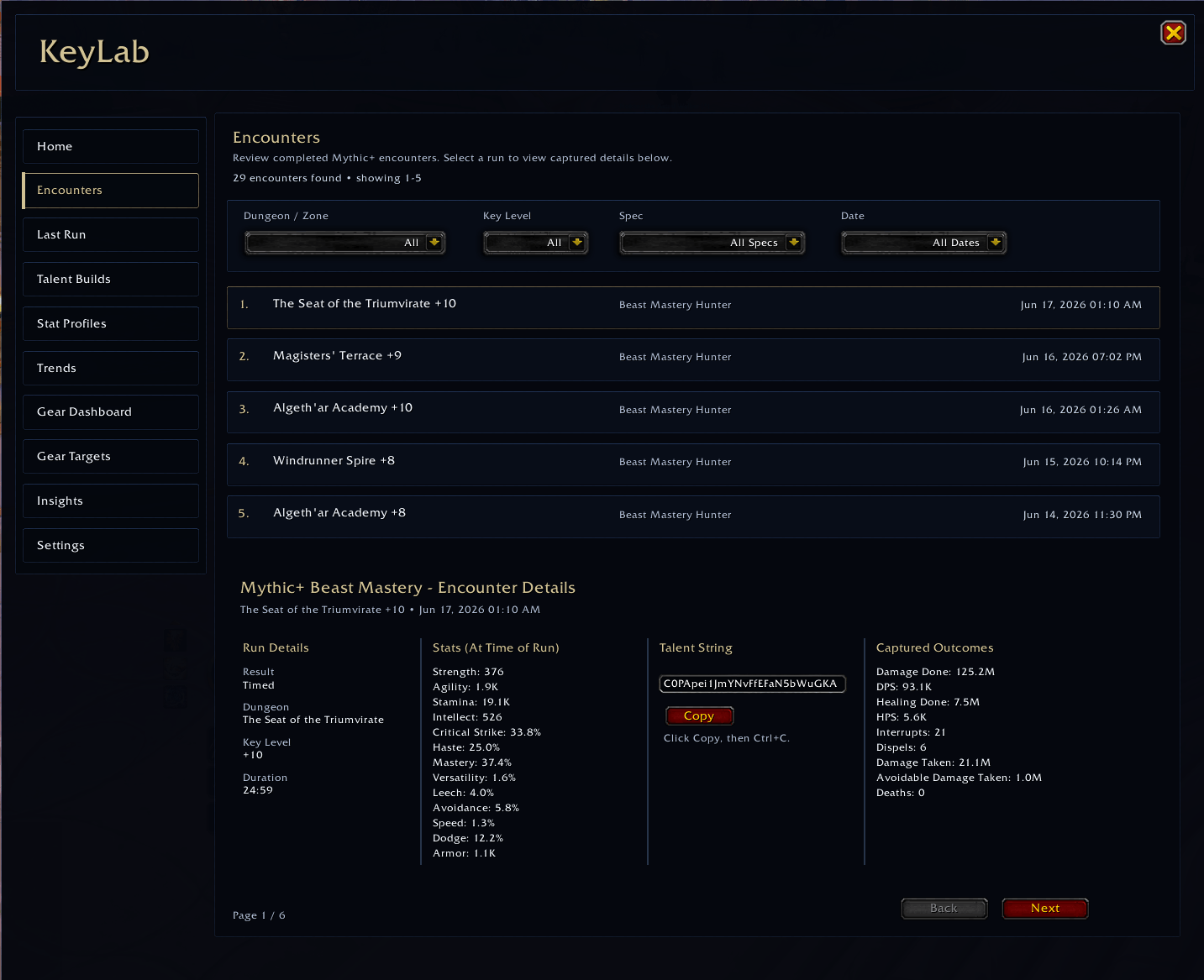 Thumbnail Browse completed Mythic+ runs with captured stats, talent builds, outcomes, and run details.