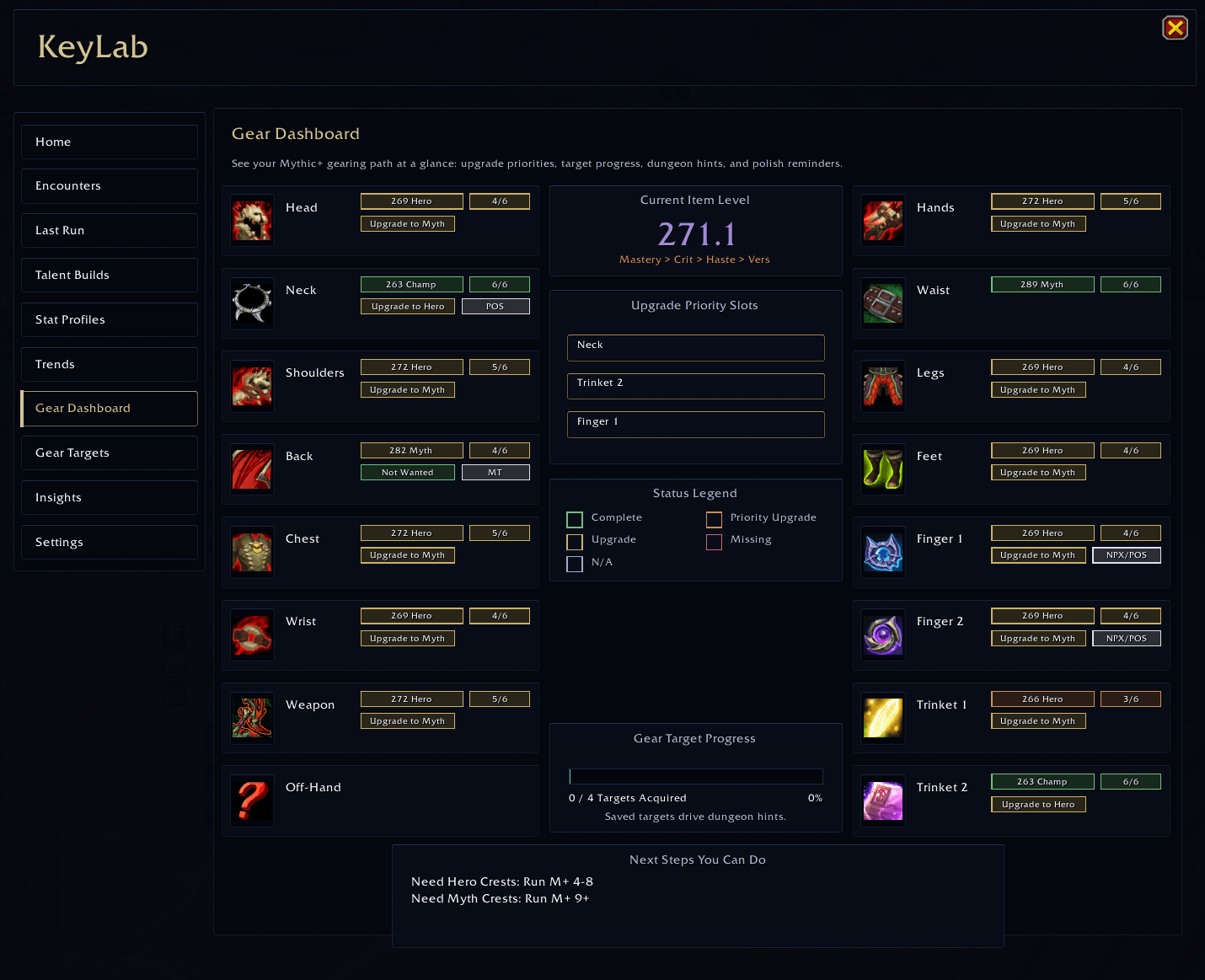 View your current gearing progress, upgrade priorities, target completion progress, and recommended next steps.
