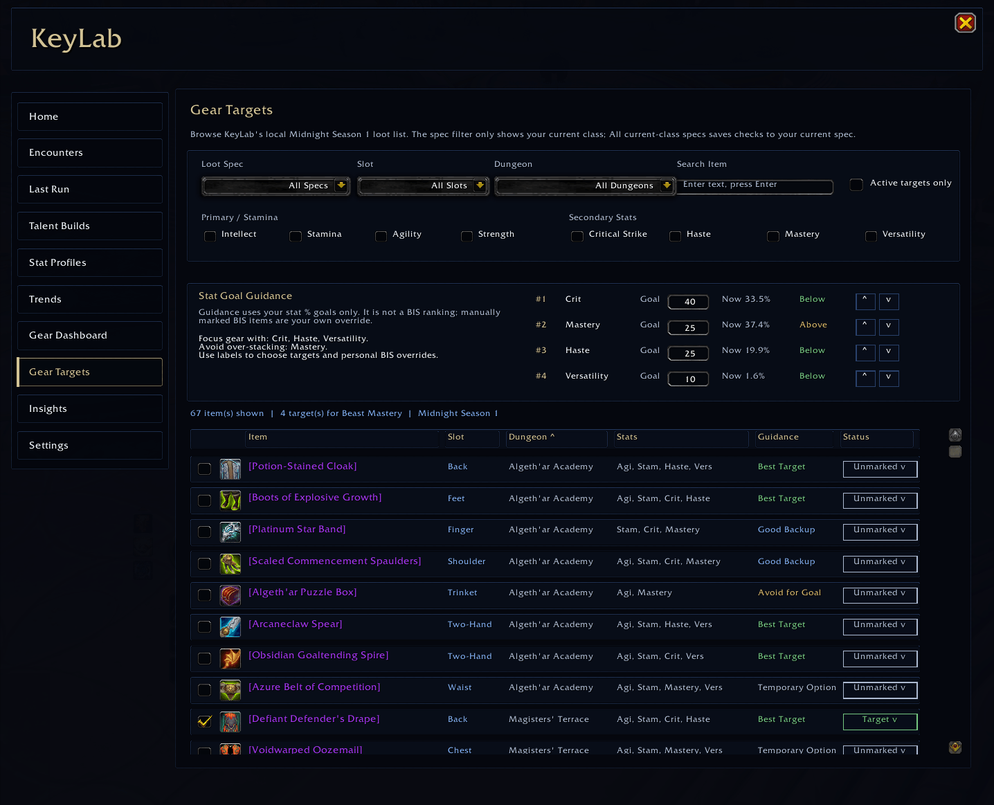 Browse Mythic+ loot, build upgrade wishlists, set personal stat goals, and plan future dungeon targets.