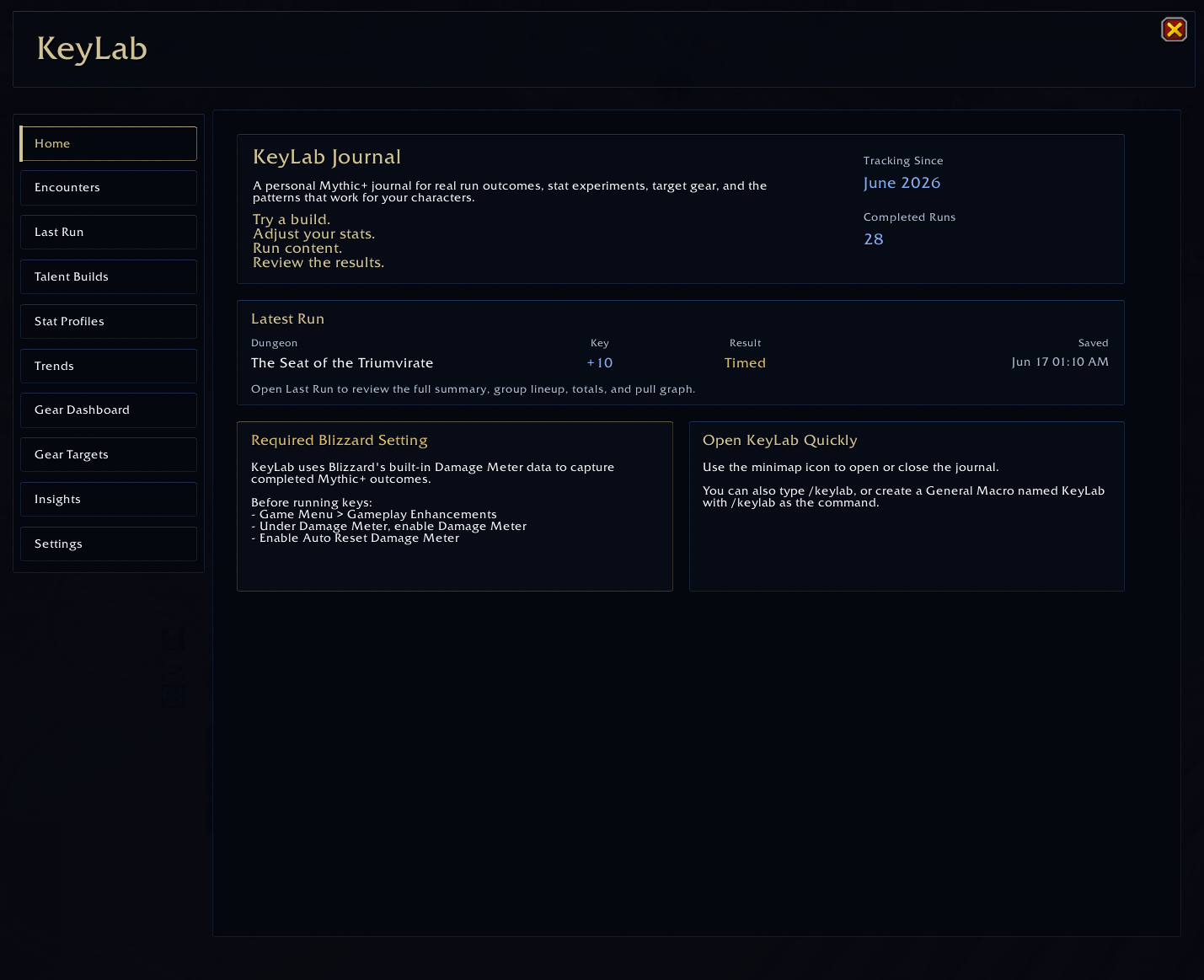 Thumbnail Quick overview of your journal, latest run, activity summary, and important setup reminders.