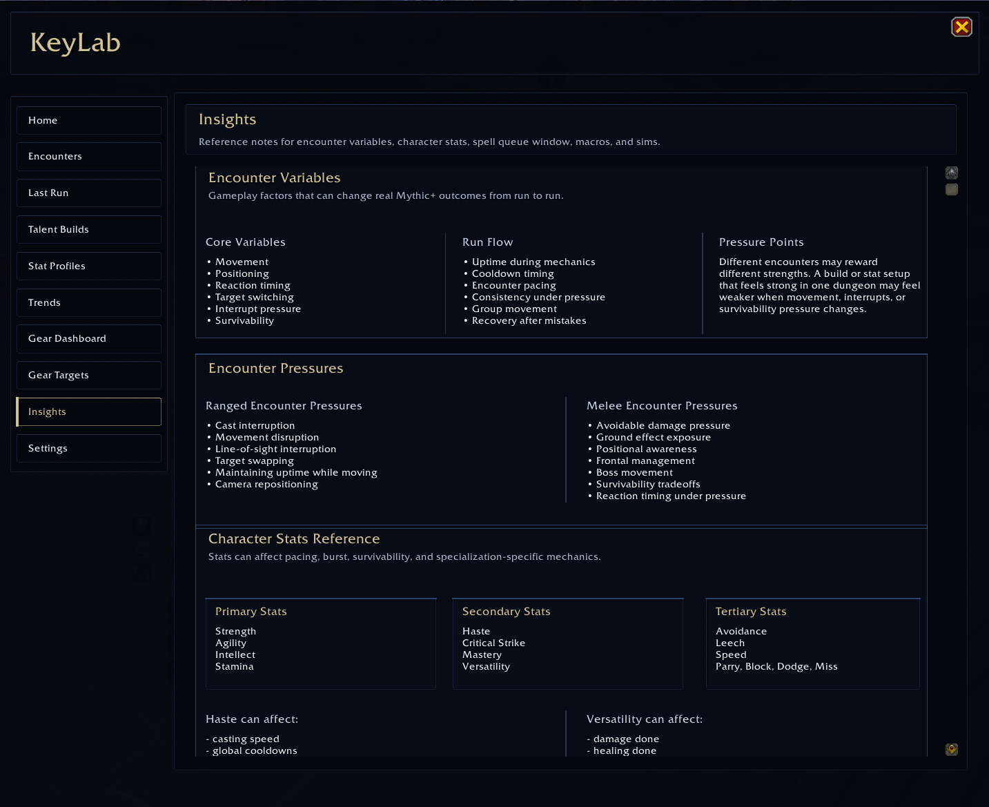Thumbnail Reference notes covering encounter variables, stat interactions, gameplay factors, and character performance concepts.