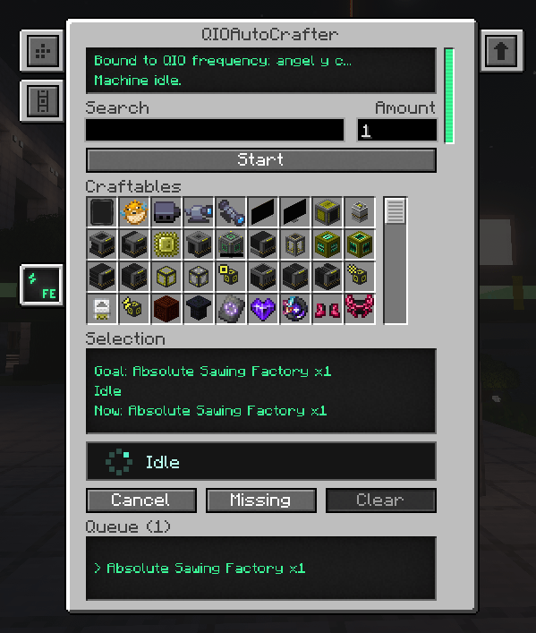 QIO Autocrafter GUI — bound to a QIO frequency. Search craftables, set amount, queue recipes and auto-craft from your QIO network. Live status and energy display.