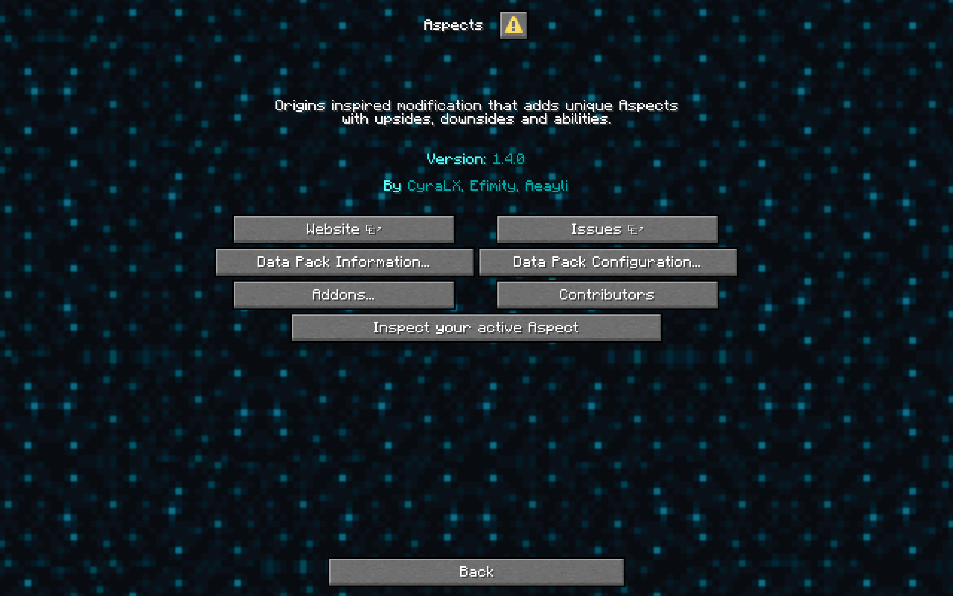 Thumbnail Located in the Pause Screen -> Data Packs... -> Aspects
