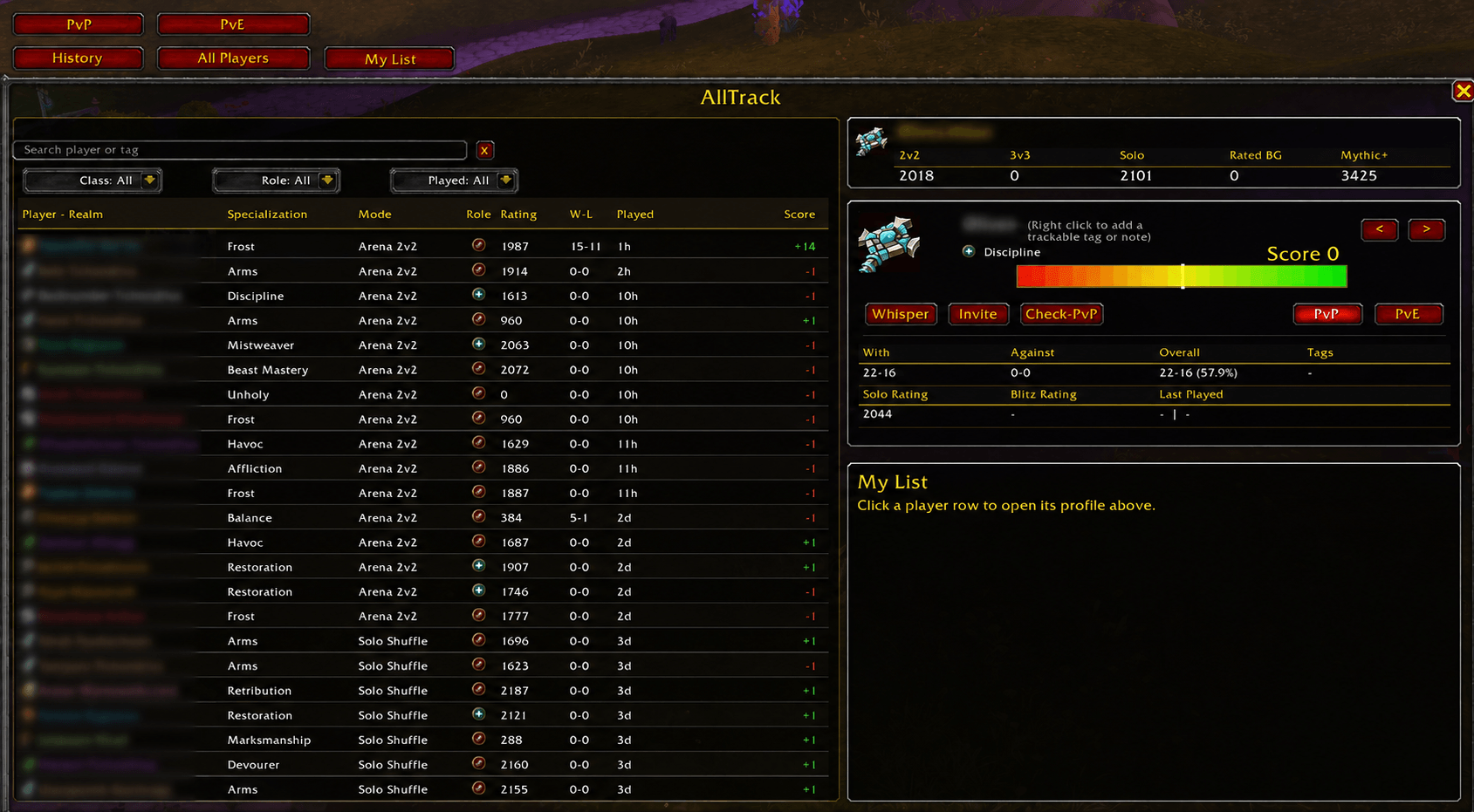 Full list of players met in PVP or PVE
