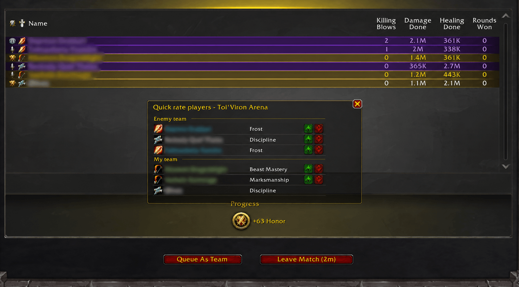 Pop up window allows for quick post arena rating