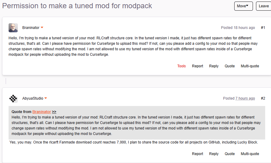 creator of original mod replying with permission to upload tuned version