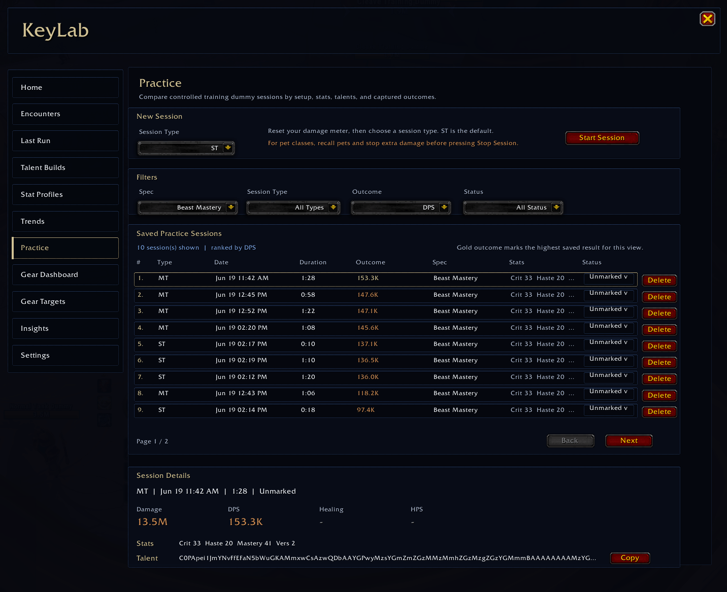 For controlled training dummy tests, use it to compare damage, DPS, healing, and HPS across different talent builds, stat setups, gear choices, and session types.