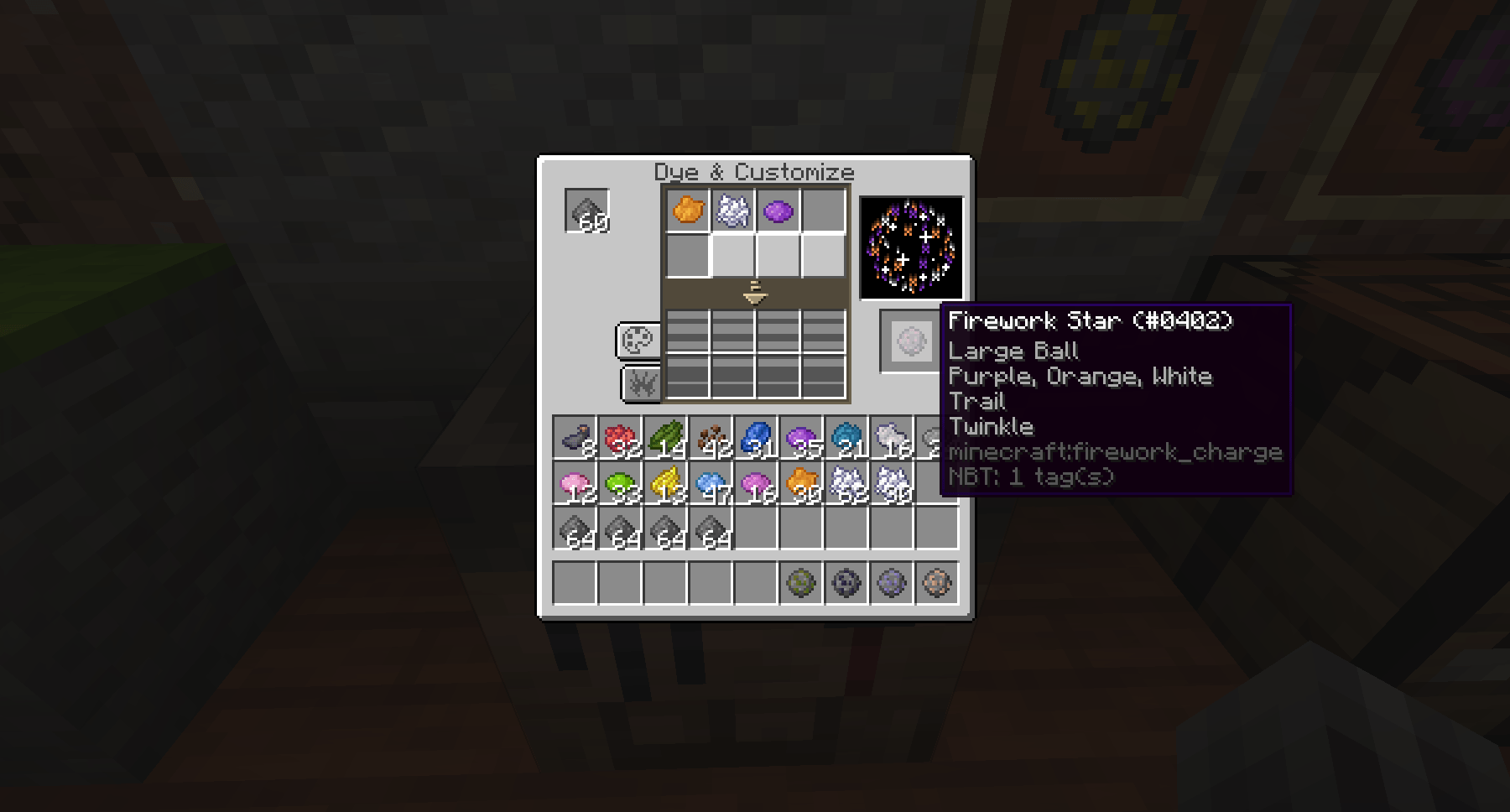 Thumbnail Creating a large firework, with the Dye section open