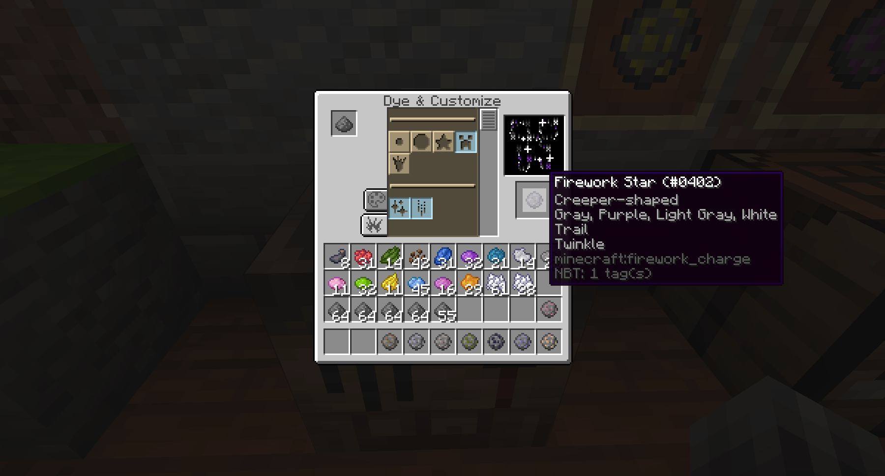 Thumbnail Creating a creeper firework, with the Dye section open