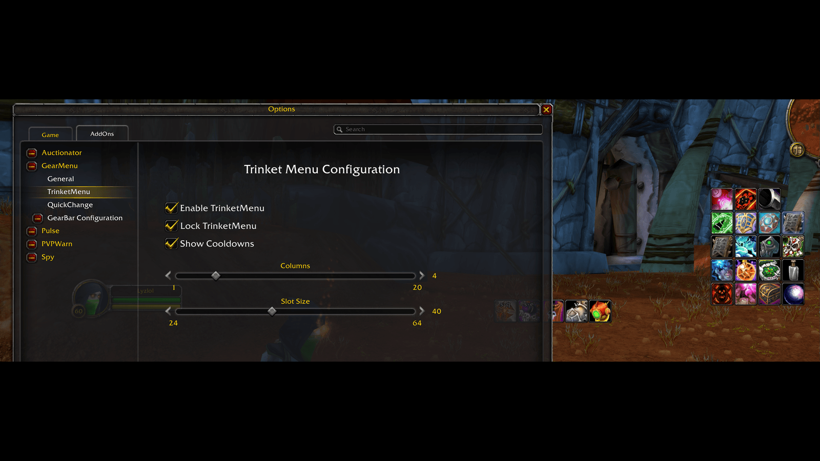 TrinketMenu keeps every trinket and its cooldown in view - enable it, lock it, and set the columns and size to taste.