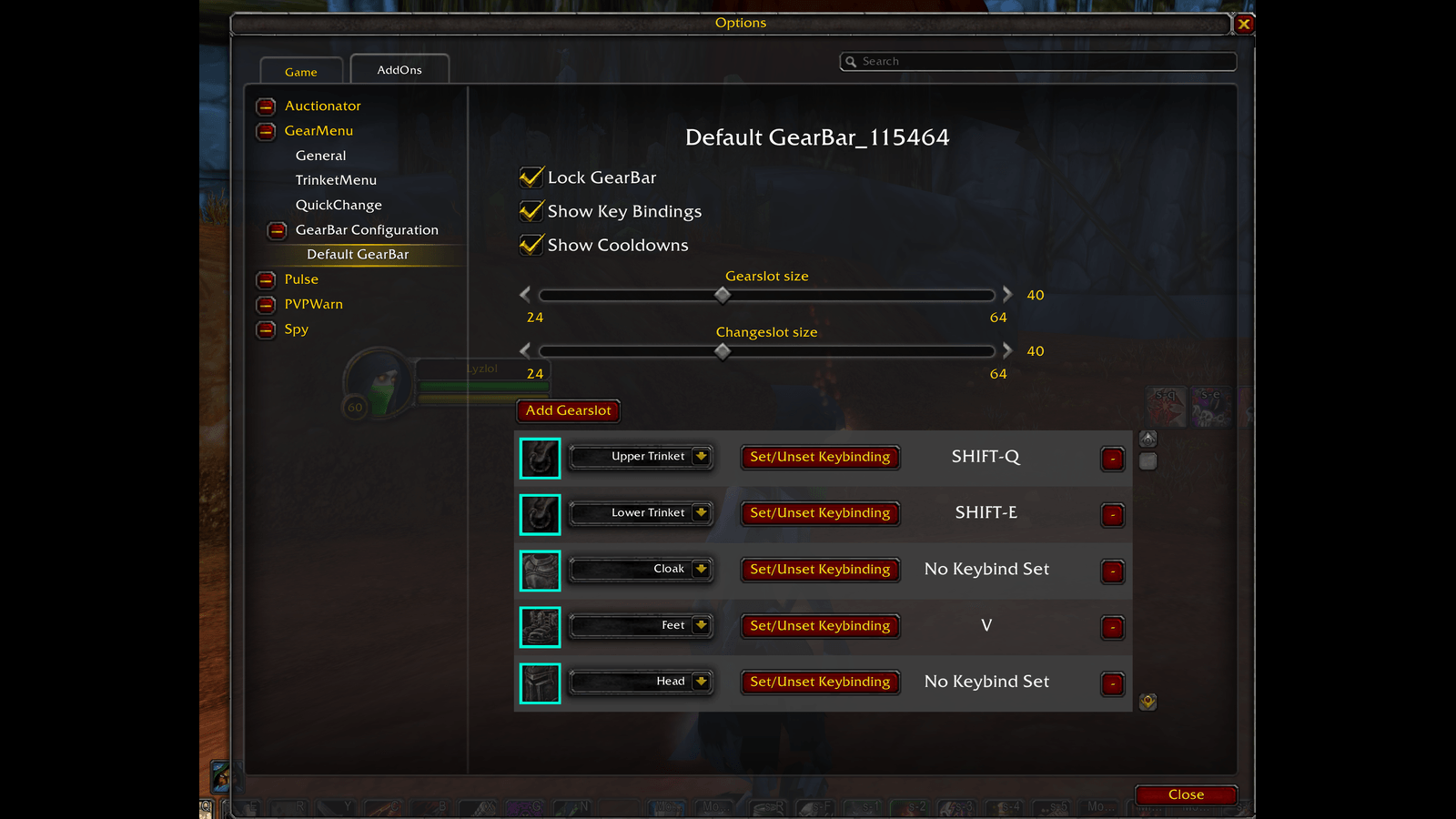 Configure each GearBar in depth: lock it, size the slots and change menu, pick which gear slots show, and bind a key to each slot.