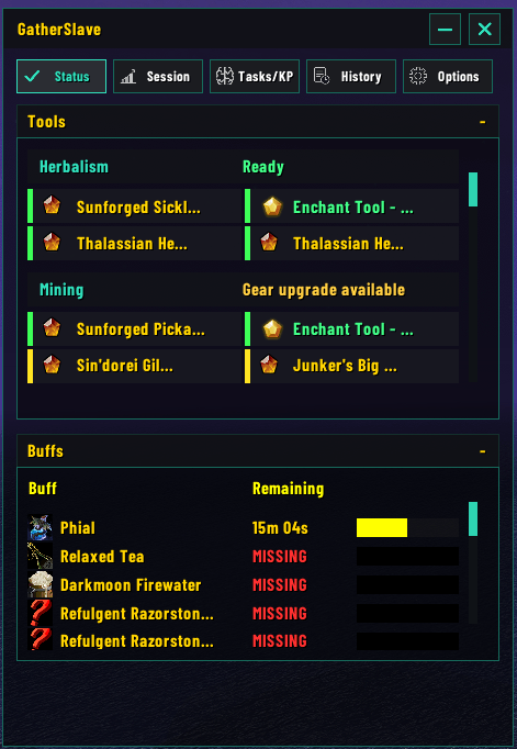 The Status Tab shows detailed information about your gathering tools and buffs.