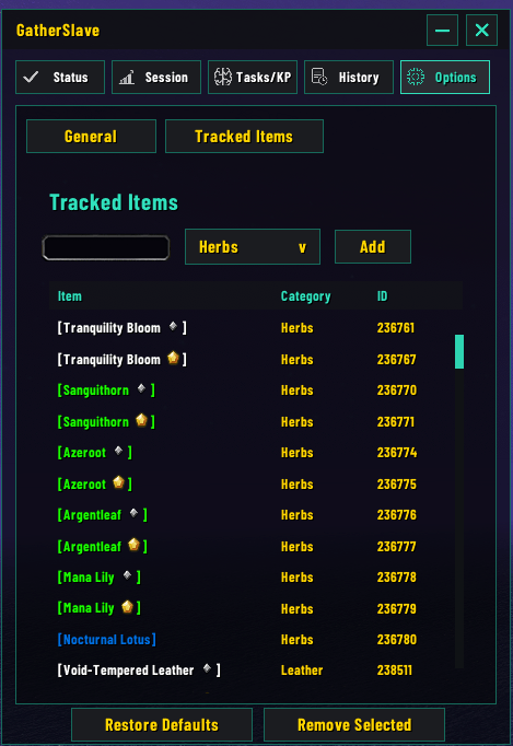 Add/remove items to be tracked by item ID.