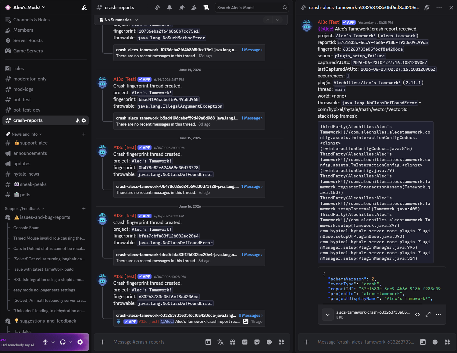 Important crash reports sent instantly to any discord channel with plenty of details to diagnose the issue.