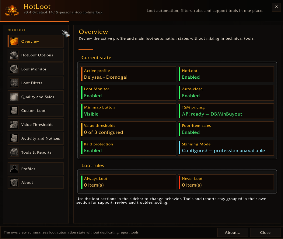 Provides a high-level summary of active features, integrations, safeguards, and configuration health at a glance.