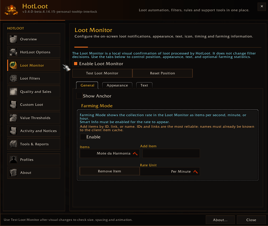 Displays configurable on-screen notifications and collection statistics, allowing players to track loot activity and farming performance in real time.