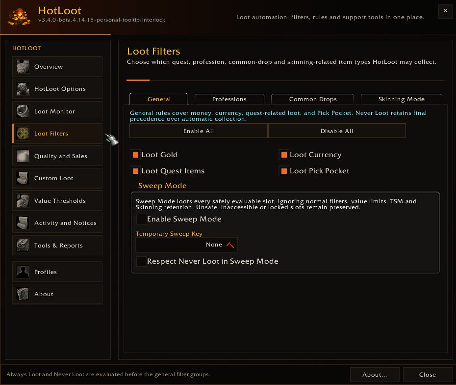Configure the item categories, collection behaviors, and specialized loot modes that govern automatic loot decisions.