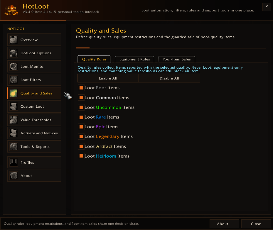 Control how item quality influences loot decisions while safely managing the sale of low-value items.