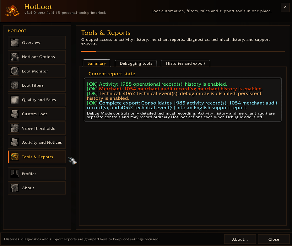 Review historical activity, investigate loot decisions, analyze merchant interactions, and generate reports for troubleshooting and support.