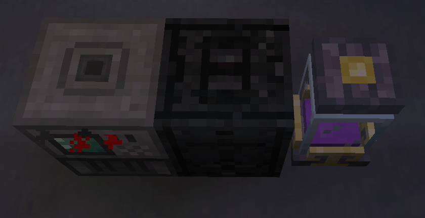 Thumbnail A Source Jar (right) supplies Ars Nouveau Source into the Source Dynamo (center), which converts it to Forge Energy and powers the adjacent Precision Sawmill (left)