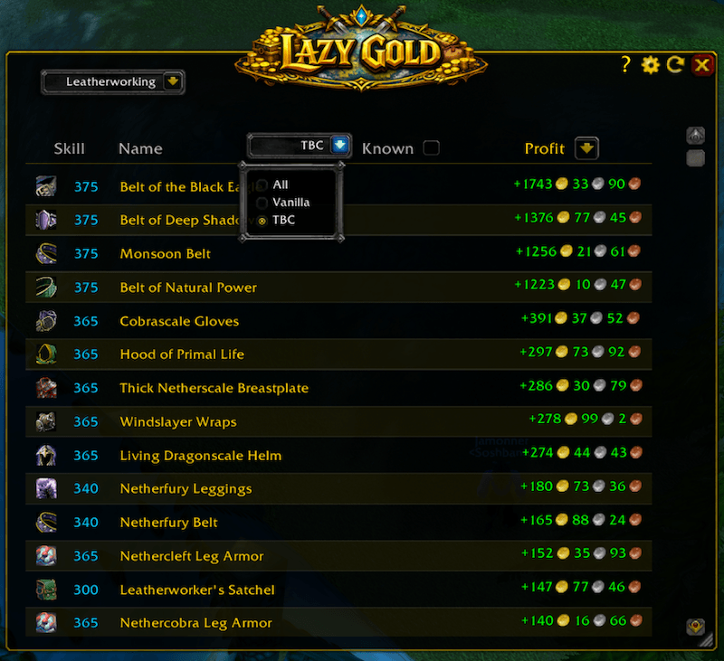 Recipes now split by expansion: Vanilla, SoD, TBC — filter by expansion in the Crafting tab